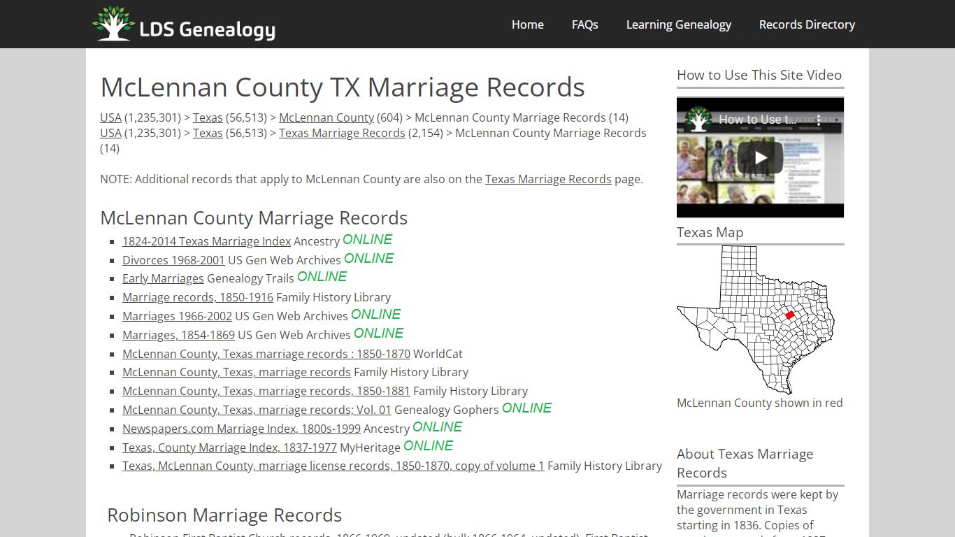 McLennan County TX Marriage Records - LDS Genealogy